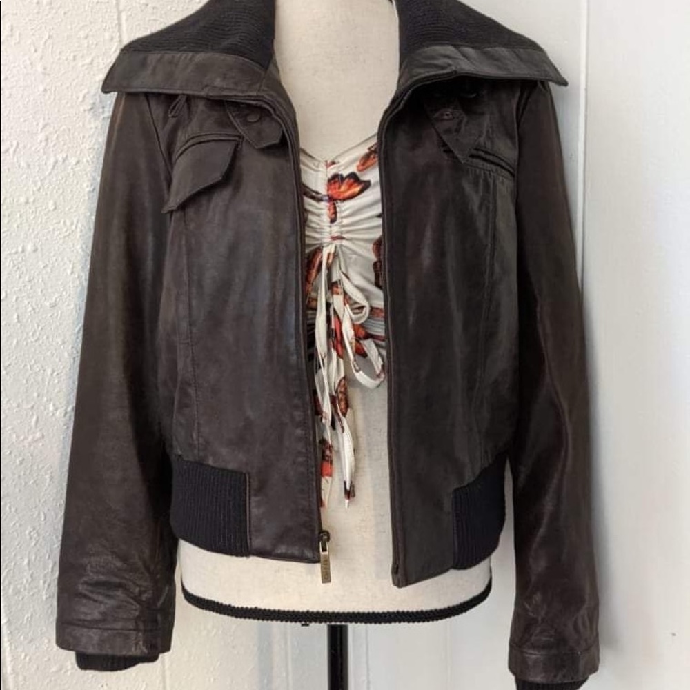 Calvin Klein Vintage Brown Leather Aviator Bomber Jacket Coat size medium